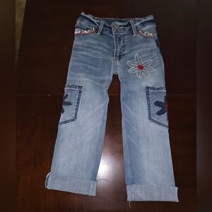 HAND CRAFTED  Girls Jeans UPCYCLED Denim Floral Patches Embroidery Size 4